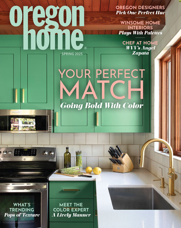A green kitchen by Howells Architecture is the cover story of Oregon Home's spring 2025 issue.